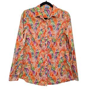 J.McLaughlin Parrot Print Button Down Shirt Sz S Tropical Orange Coastal Resort
